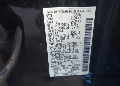 2007 Nissan Armada Se z USA, uszkodzony, nr VIN 5N1BA08C27N718551